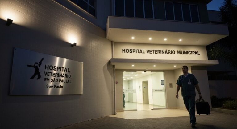 Exterior de hospital veterinário municipal de São Paulo à noite, com letreiro iluminado e veterinário saindo.