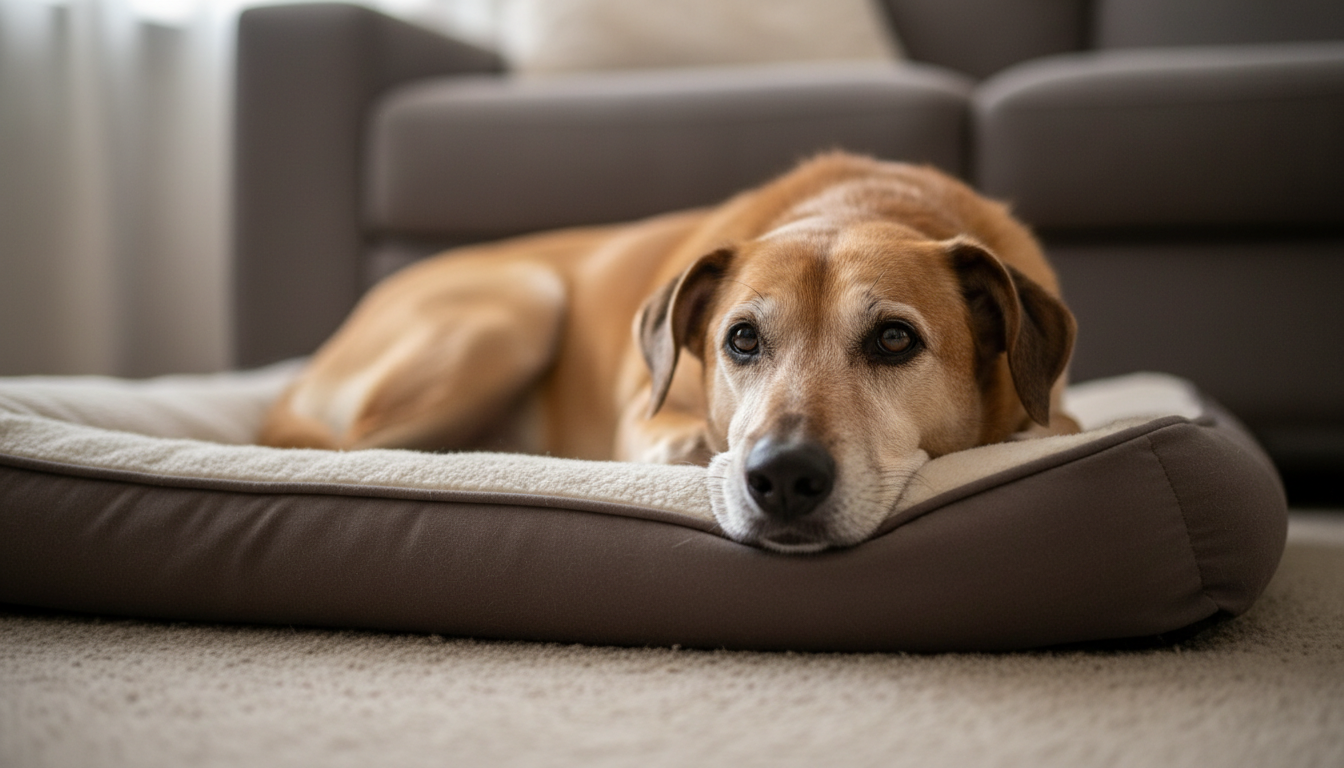 Cachorro idoso descansando em cama confortável, com pelos grisalhos no focinho.