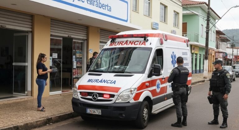 Ambulância municipal em frente a loja após ataque de pitbull em Tarabai.