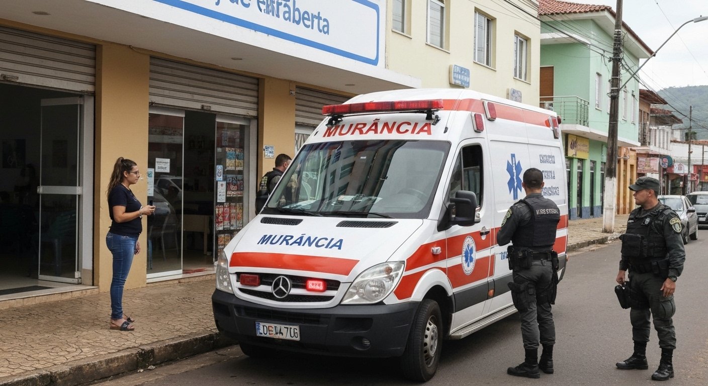 Ambulância municipal em frente a loja após ataque de pitbull em Tarabai.