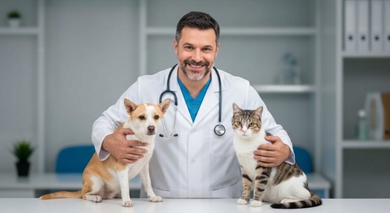 Médico veterinário examinando um cão e um gato juntos e sorrindo enquanto segura uma carteirinha de vacinação.