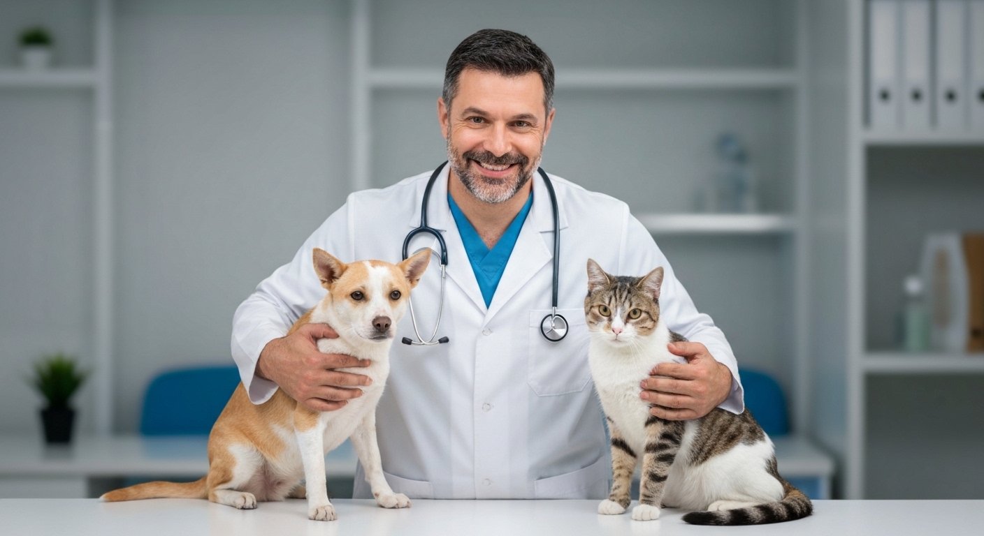 Médico veterinário examinando um cão e um gato juntos e sorrindo enquanto segura uma carteirinha de vacinação.