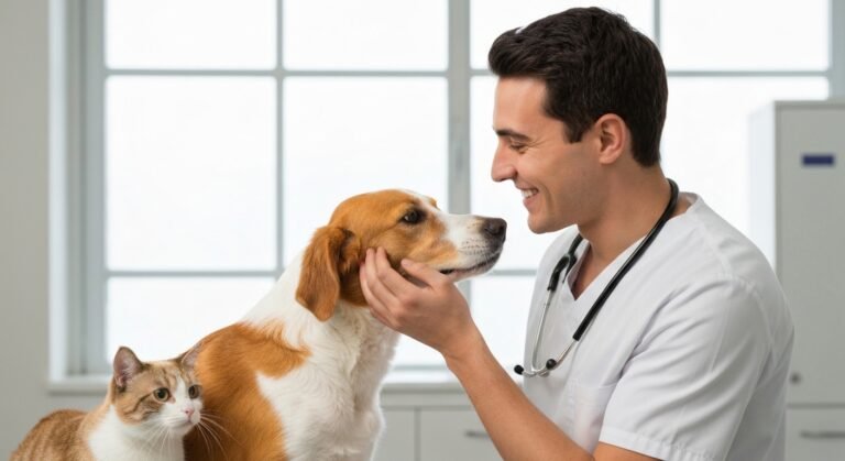 Veterinário examinando um cão e um gato em clínica