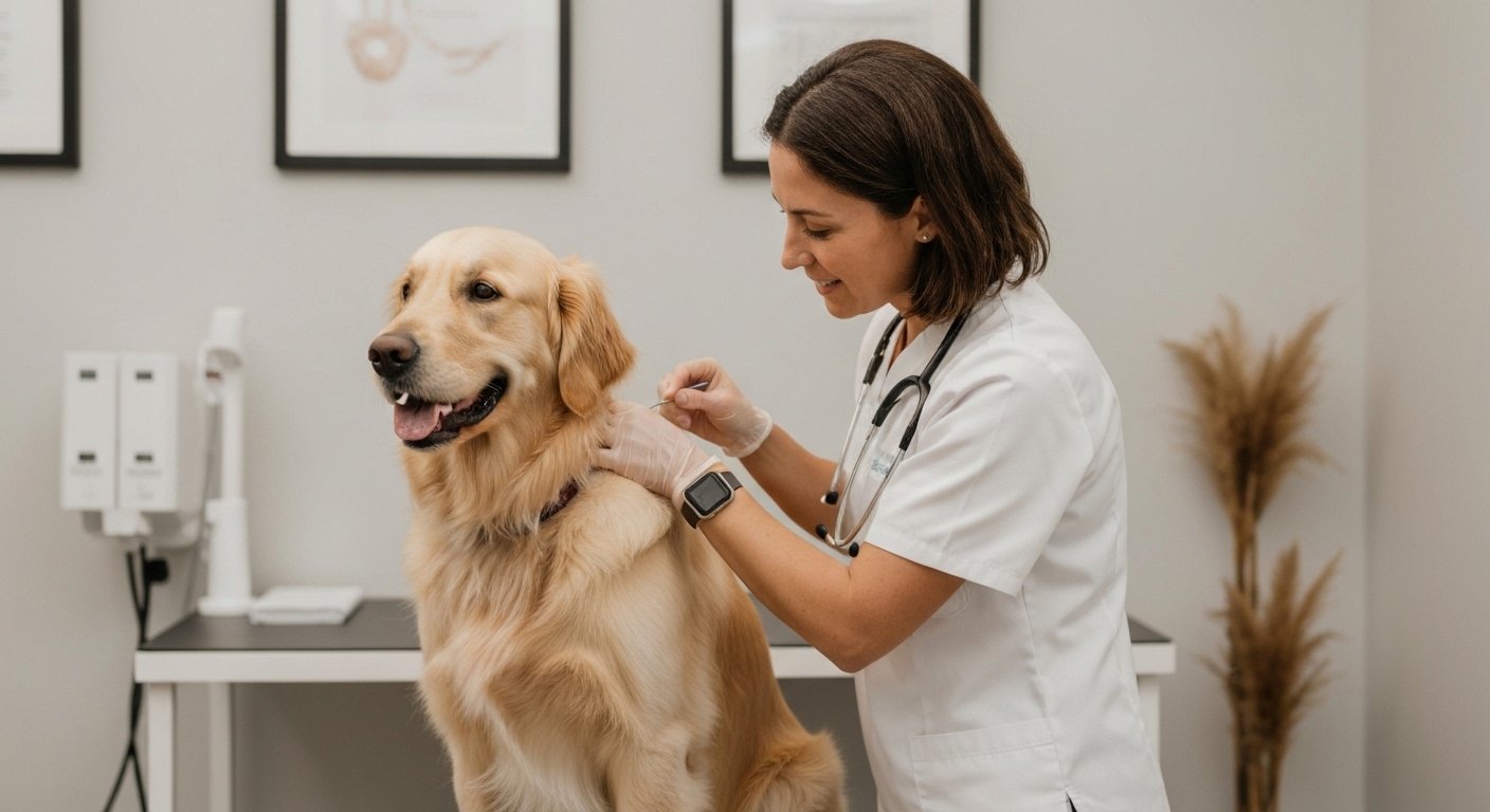 Veterinário inspeciona cão em busca de carrapatos após passeio.