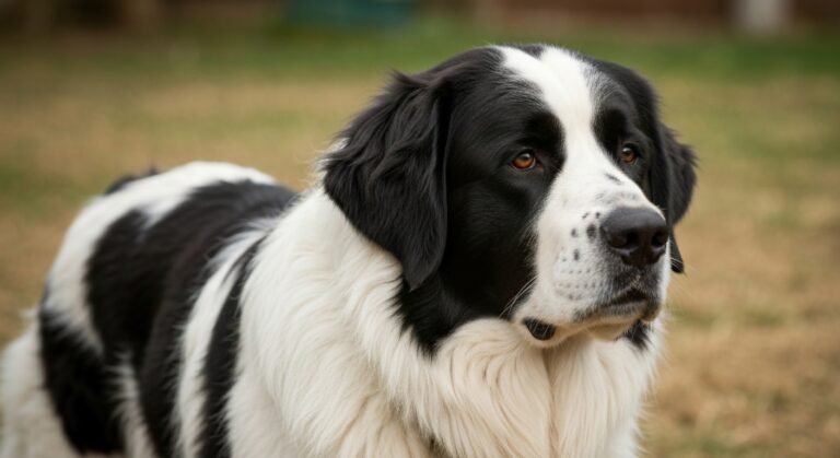 Cão Landseer com pelagem preta e branca, aparência imponente e elegante