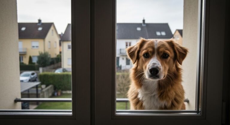 Cão labrador olhando pela janela de apartamento com expressão de solidão.