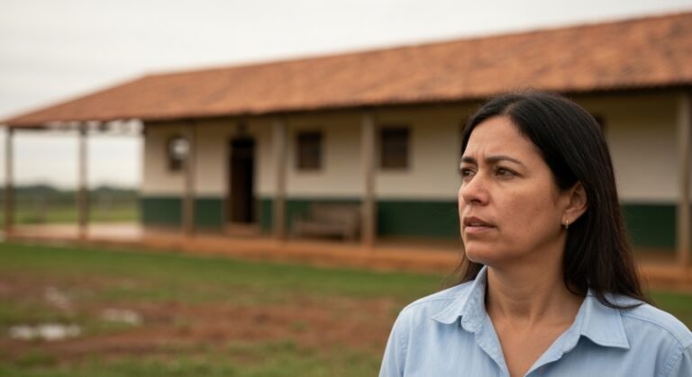 Cachorrinha vira-lata caramelo observando o ambiente com expressão serena em uma fazenda.