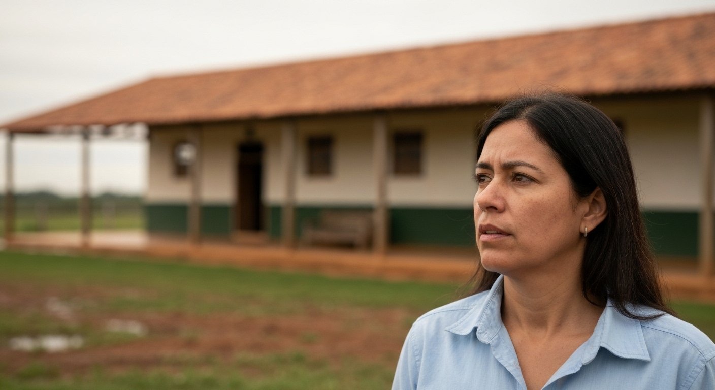 Cachorrinha vira-lata caramelo observando o ambiente com expressão serena em uma fazenda.