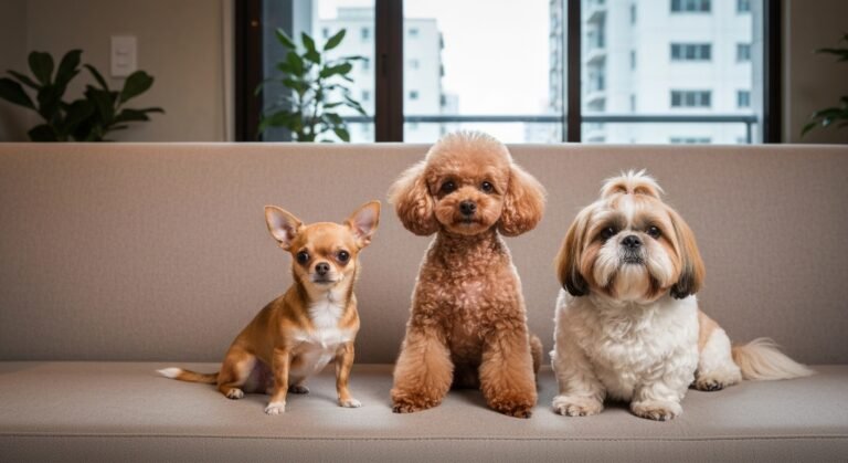 Chihuahua, Poodle e Shih Tzu em um sofá de apartamento