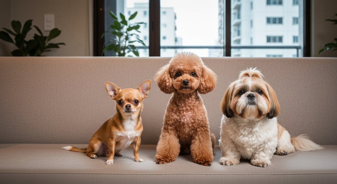 Chihuahua, Poodle e Shih Tzu em um sofá de apartamento
