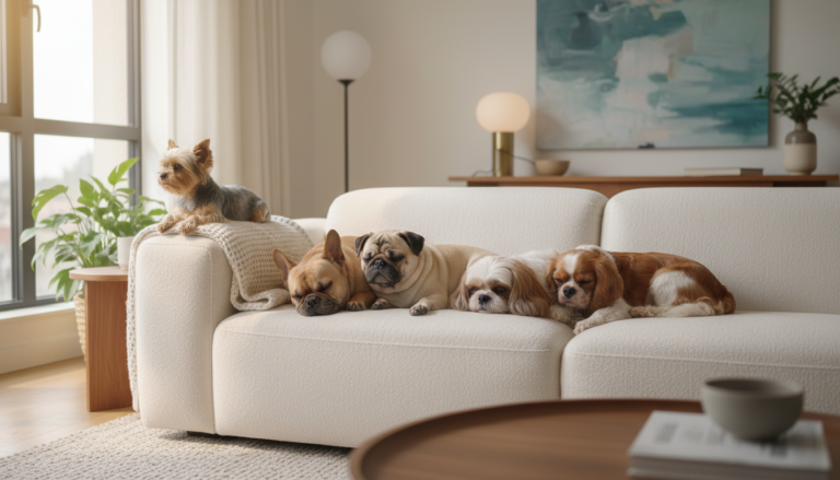 Cinco raças de cães populares para apartamentos pequenos convivendo harmoniosamente em um ambiente doméstico.