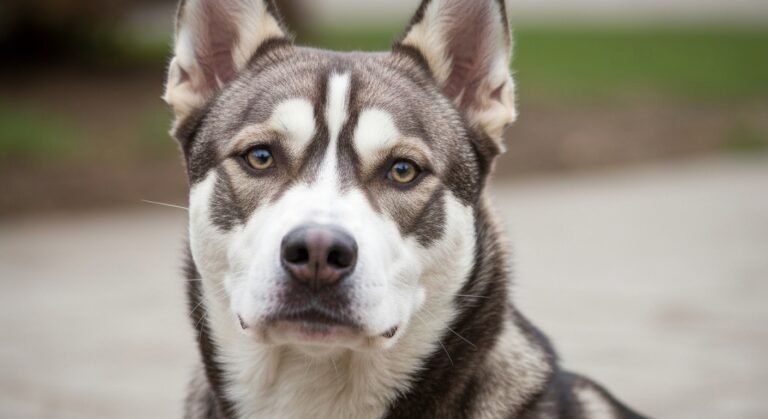 Cão Pitsky, uma mistura de pitbull com husky siberiano, com olhar doce e aparência imponente.