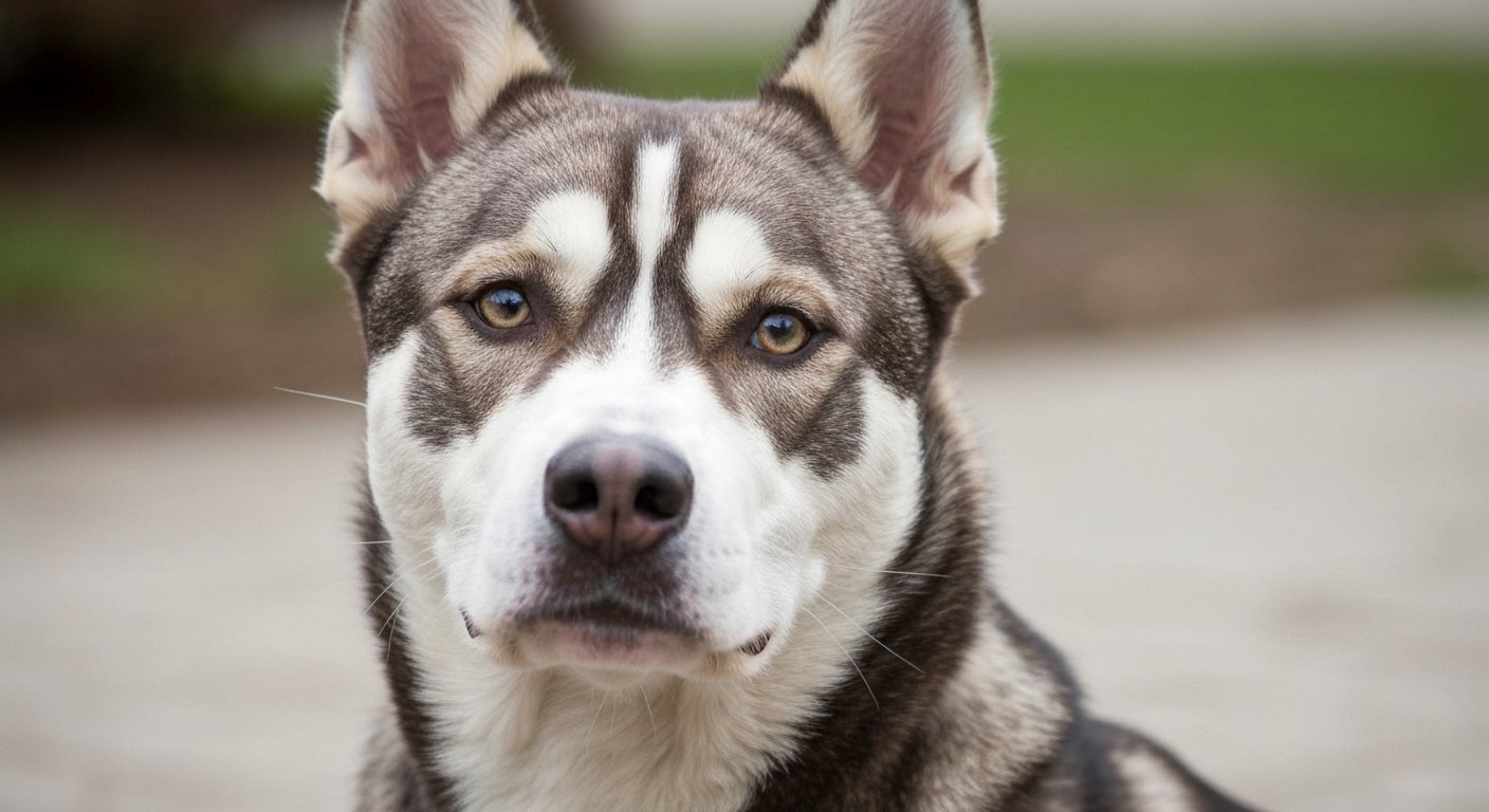 Cão Pitsky, uma mistura de pitbull com husky siberiano, com olhar doce e aparência imponente.