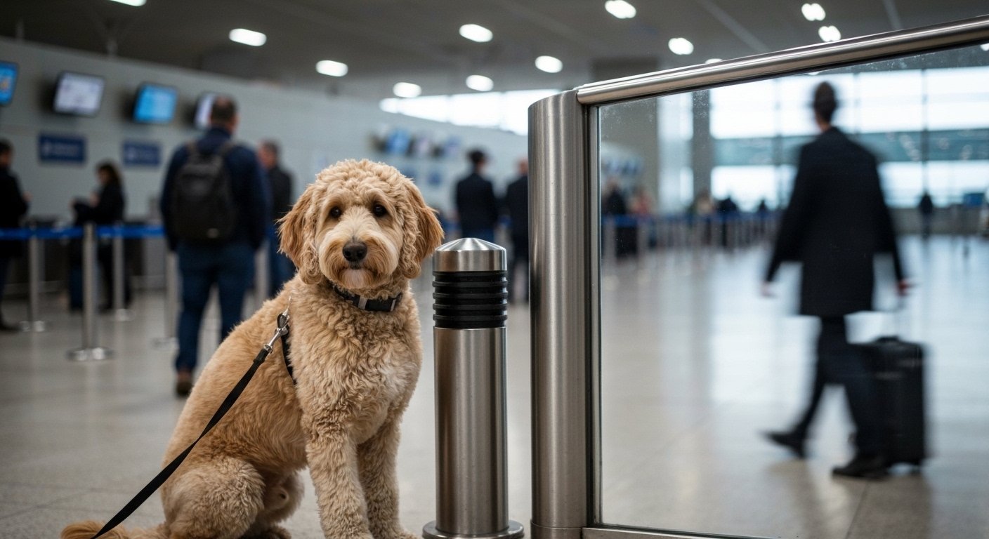 Filhote de goldendoodle abandonado em poste de aeroporto