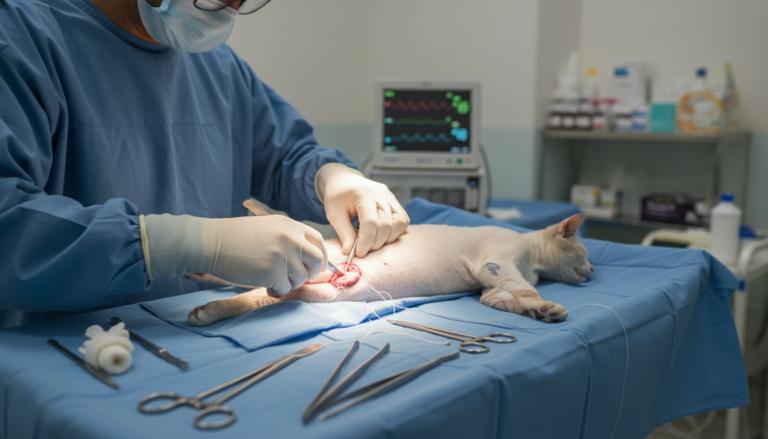 Veterinário realizando procedimento cirúrgico de castração em animal em mutirão