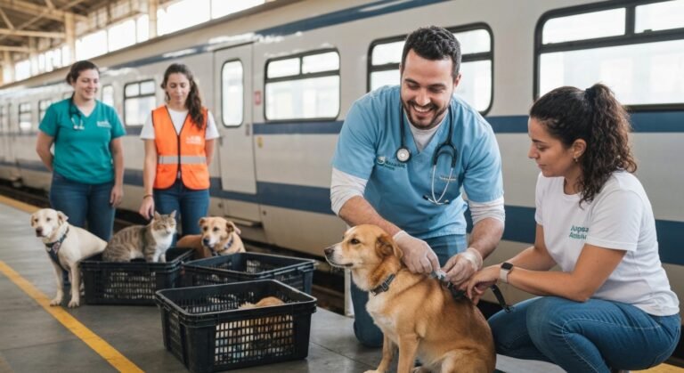 Mutirão de saúde animal oferece vacinação e orientação gratuita para cães e gatos em estação da CPTM.
