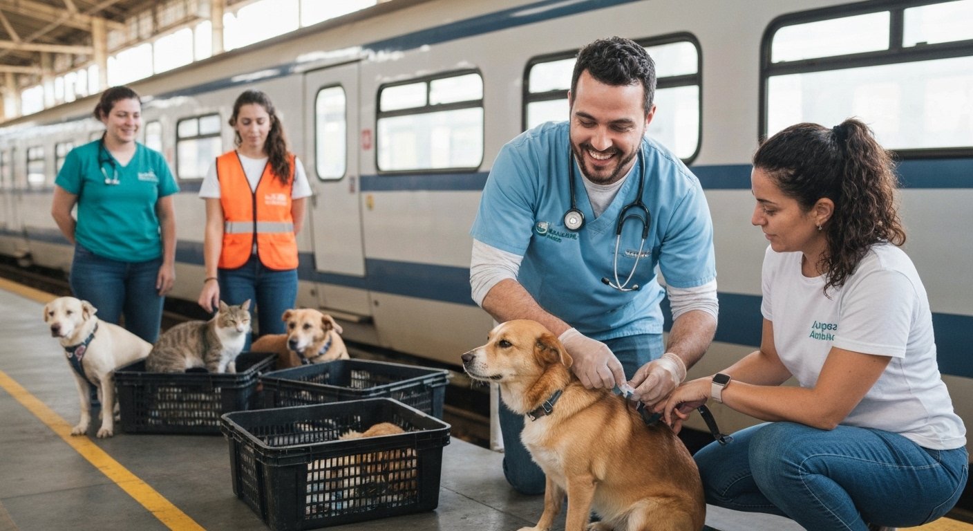 Mutirão de saúde animal oferece vacinação e orientação gratuita para cães e gatos em estação da CPTM.