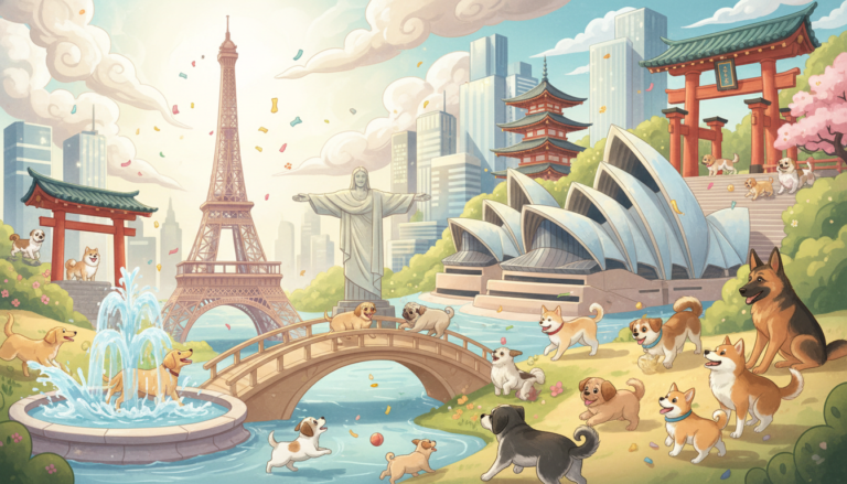 Cães felizes explorando uma paisagem urbana com ícones de cidades globais como Paris, Rio e Tóquio.