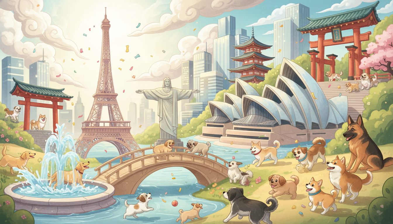 Cães felizes explorando uma paisagem urbana com ícones de cidades globais como Paris, Rio e Tóquio.