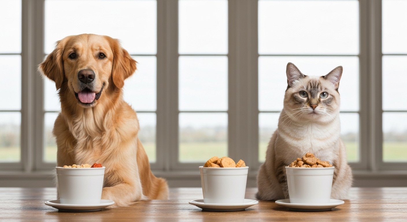 Cão e gato comendo ração de qualidade em tigelas, promovendo saúde e bem-estar.