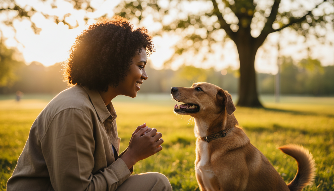 Tutor observando atentamente o comportamento de seu cachorro em um parque, com foco na conexão e saúde do animal.