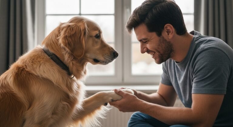 Cachorro dando a pata para seu tutor em gesto de afeto