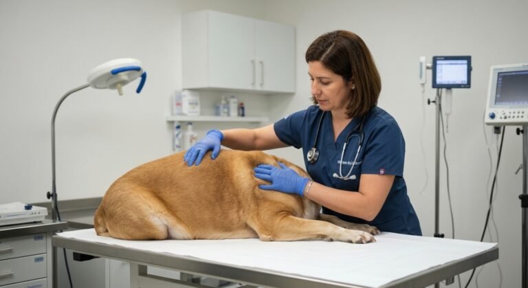 Veterinária examinando um cão com sobrepeso em uma clínica, alertando para riscos de saúde.