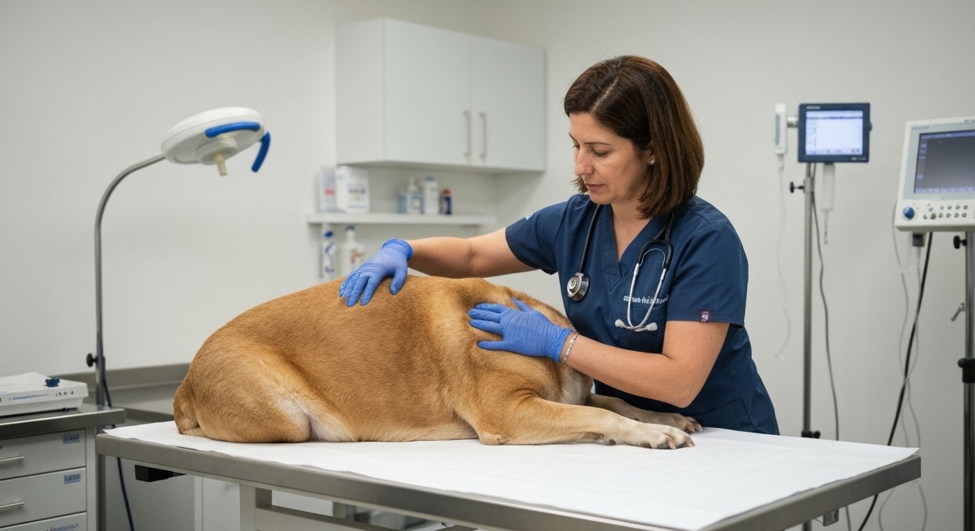 Veterinária examinando um cão com sobrepeso em uma clínica, alertando para riscos de saúde.