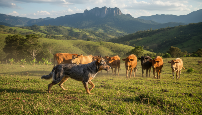 Cão Pastor da Mantiqueira pastoreando rebanho em paisagem rural da Serra da Mantiqueira.