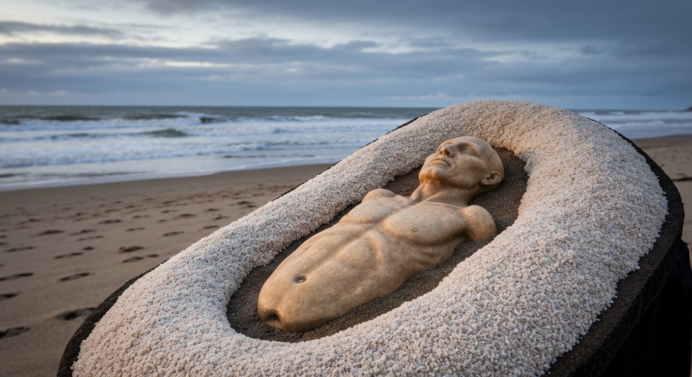 Pegada humana de 2 mil anos descoberta em praia de argila na Escócia, com o mar ao fundo.