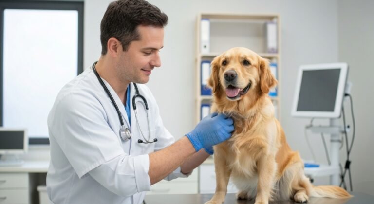 Médico veterinário examinando um cão em clínica moderna.