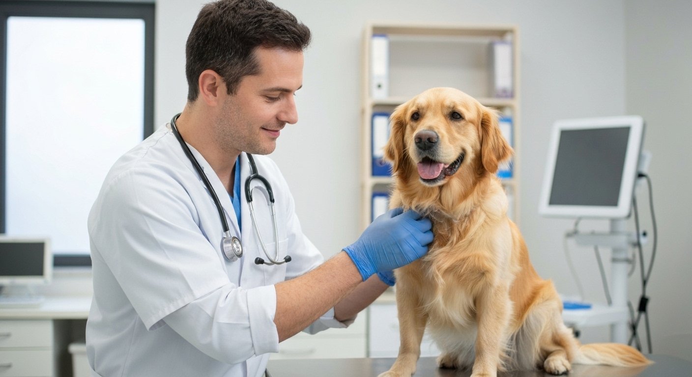 Médico veterinário examinando um cão em clínica moderna.