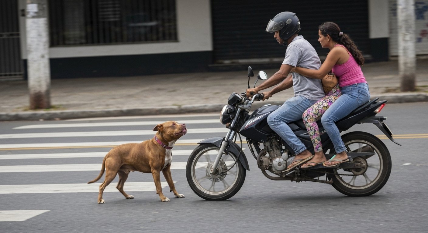 Casal em motocicleta puxando cachorro pela coleira em rua de Santos