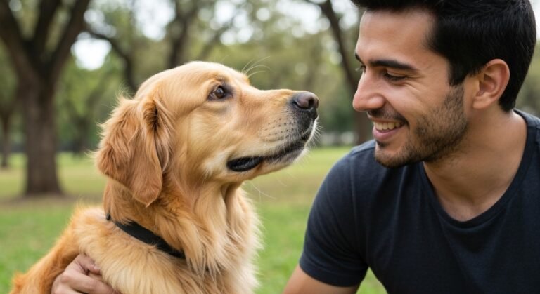Tutor e cão compartilhando um momento de afeto e conexão visual em um parque.