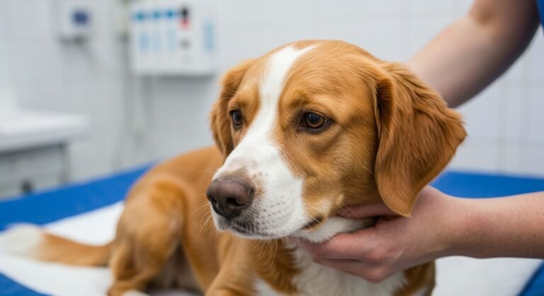 Cadela Pretinha em cama veterinária em clínica de Florianópolis recebendo carinho durante tratamento.