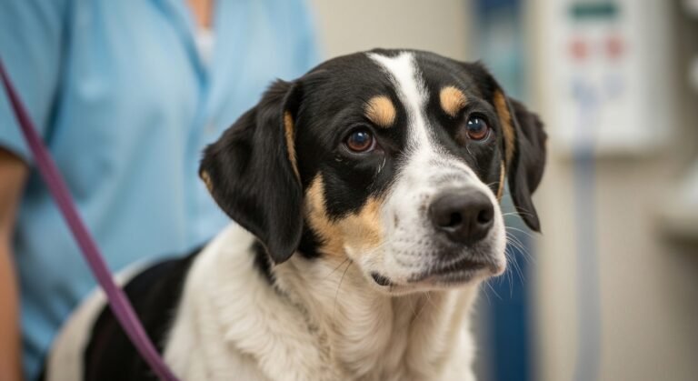 Cadela Pretinha em ambiente clínico veterinário, demonstrando fragilidade e serenidade durante tratamento.