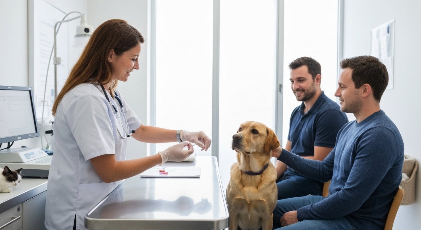 Veterinário examinando um cão e um gato em um consultório moderno.