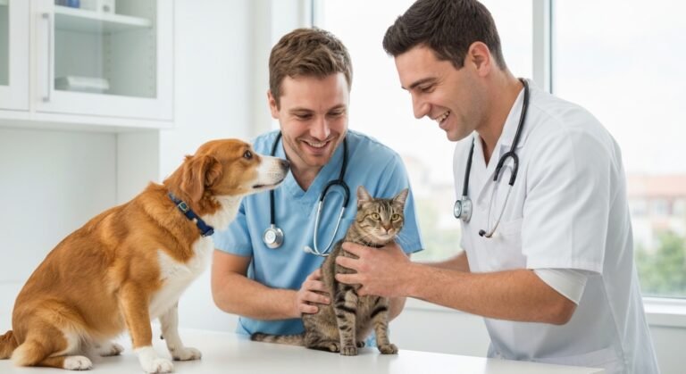 Veterinário examinando um cão e um gato enquanto o tutor observa