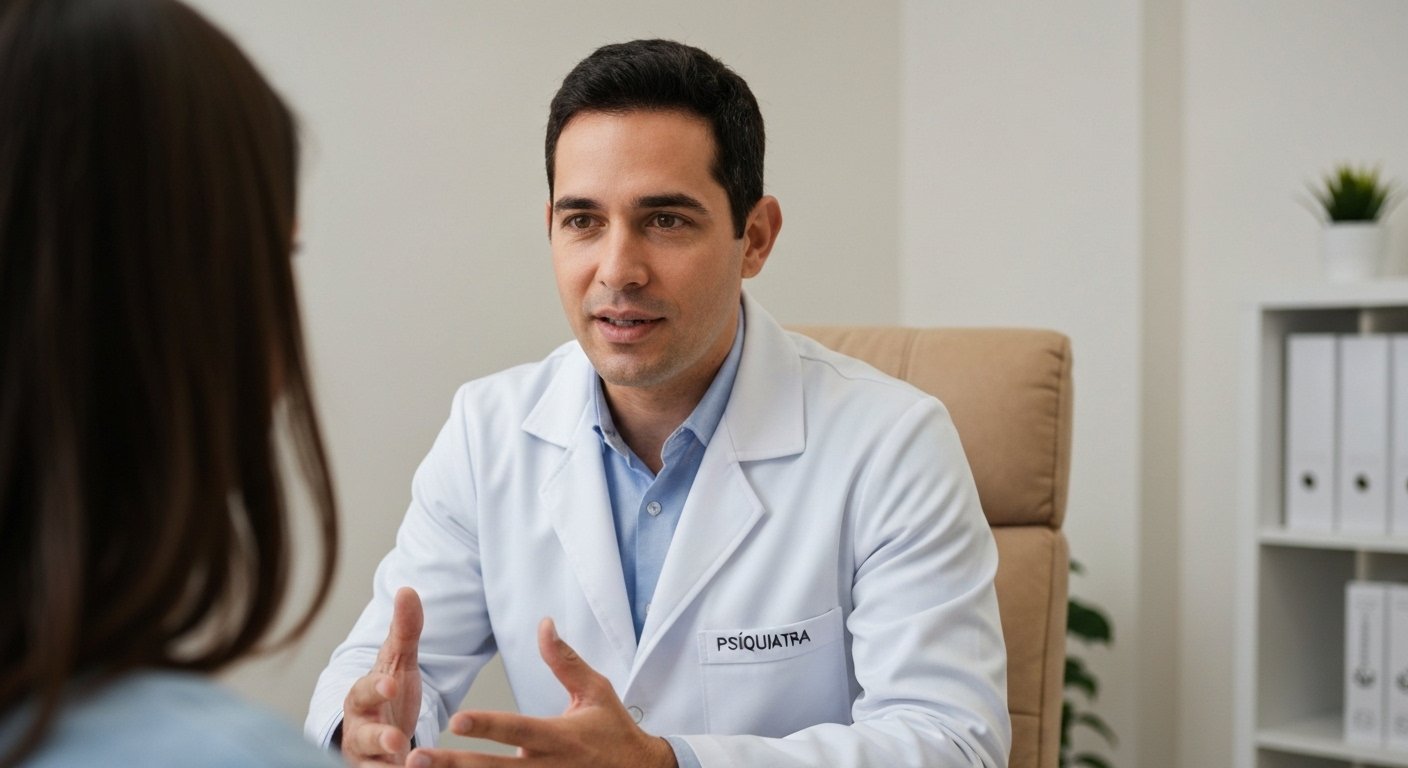 Psiquiatra em consulta avaliando comportamento de paciente