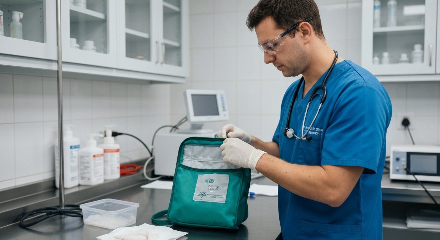 Veterinário analisando saco de ração canina em laboratório