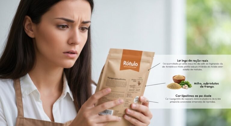 Tutor analisando rótulo de ração para pet, com foco na discrepância de ingredientes.