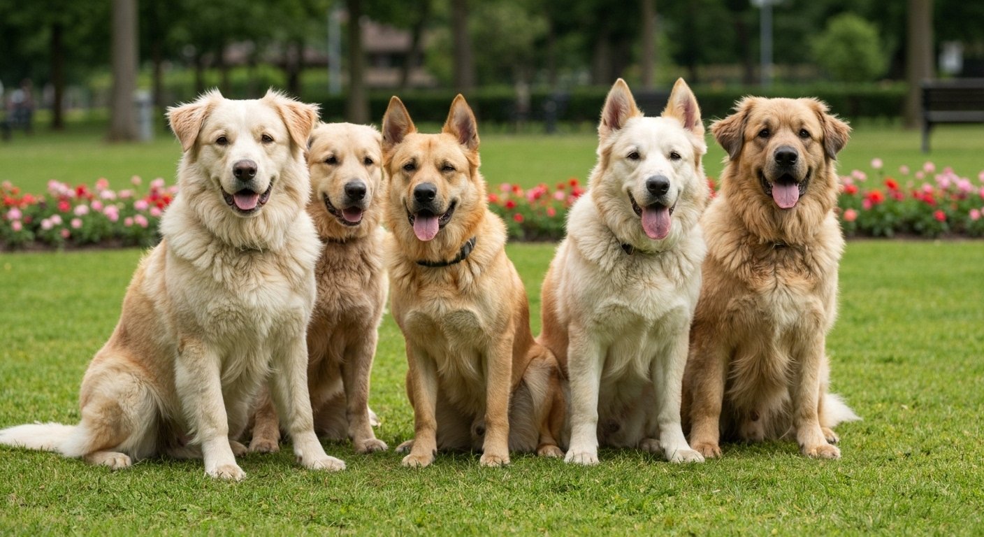 Seis raças de cachorros grandes e brancos lado a lado