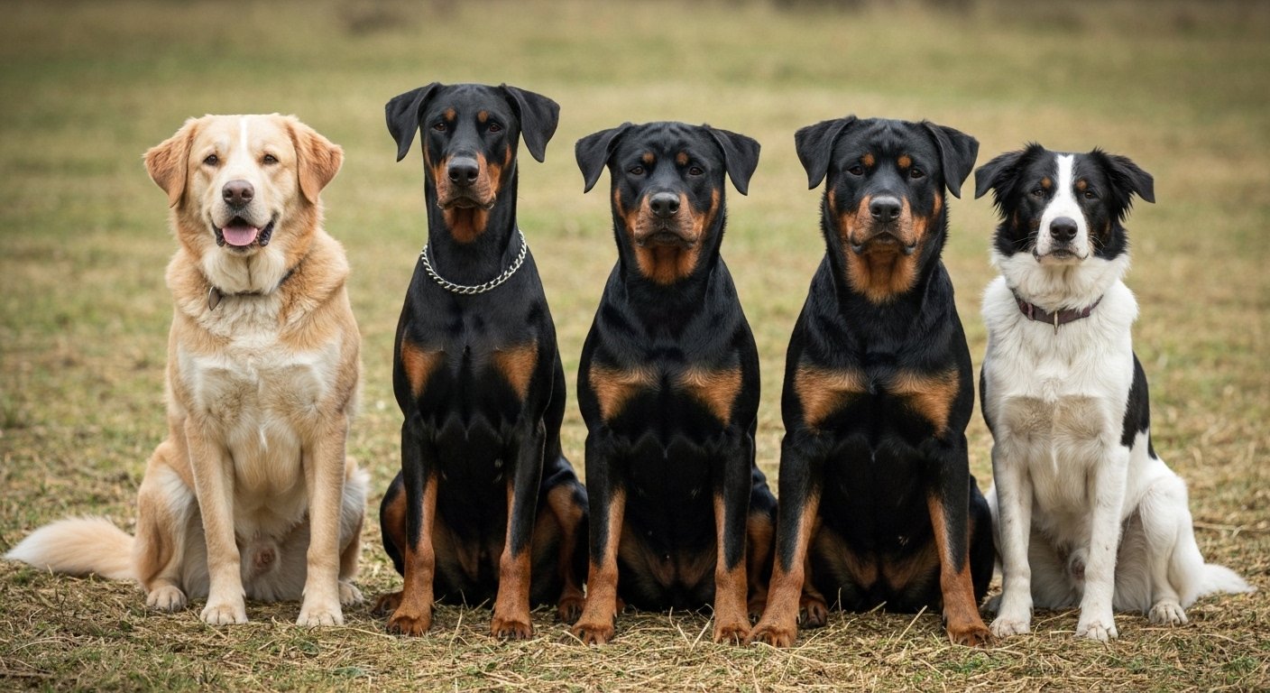 Grupo de raças de cachorro inteligentes e protetoras: Pastor Alemão, Doberman, Rottweiler e Border Collie