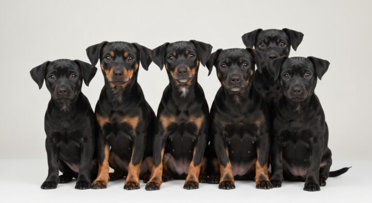 Grupo de sete cachorros pequenos de pelagem preta