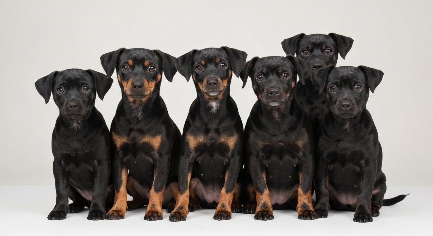 Grupo de sete cachorros pequenos de pelagem preta