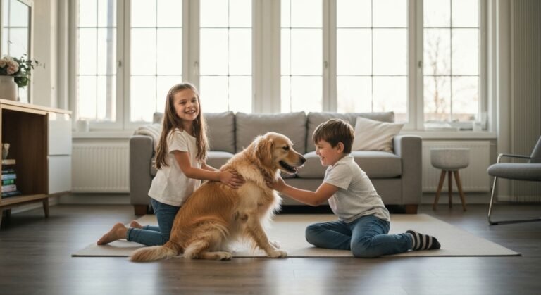 Família interagindo com cão Golden Retriever