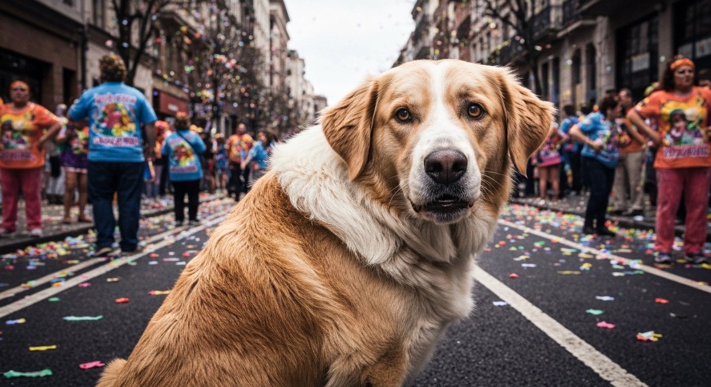 Cão assustado em meio à multidão do Carnaval