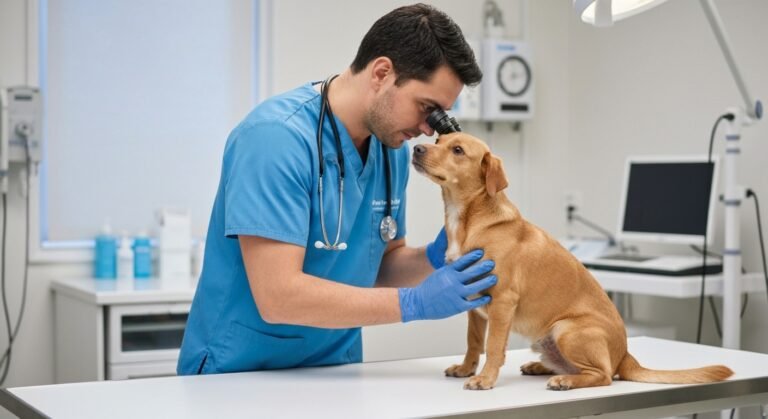Veterinário examinando um cão em clínica especializada