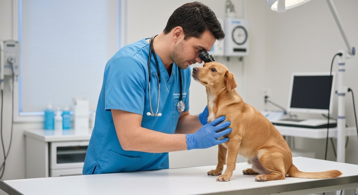 Veterinário examinando um cão em clínica especializada