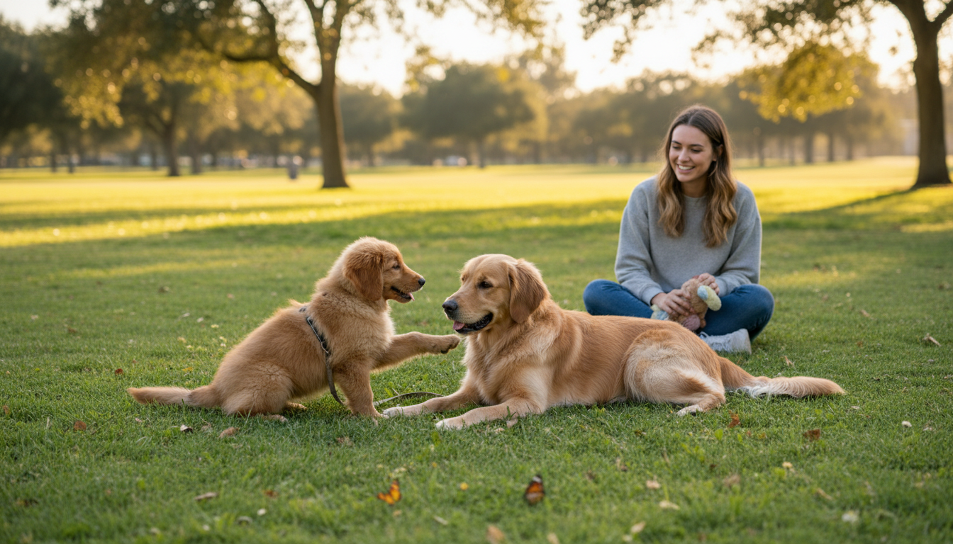 Filhote de cachorro socializando com cão adulto em um parque